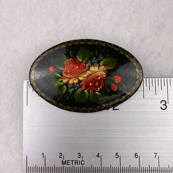 Hand-Painted Vintage Brooch Women Black Lacquer Floral Design Oval 1992 Original - Picture 5 of 6